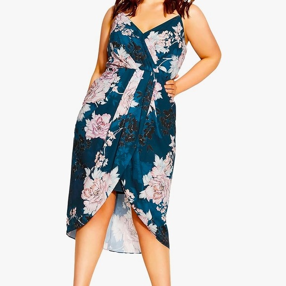 City Chic Dresses & Skirts - City Chic Women Size 18 Maxi Dress Jade Green Pink Floral Bloom V Hi Low Wrap